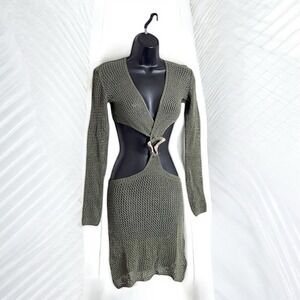 PrettyLittleThing Khaki Crochet Gold Trim Cut Out Beach Dress New